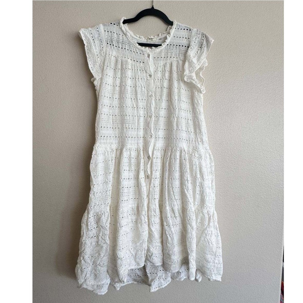 Dylan White Eyelet Boho Button Front Tiered Ruffle Dress L Cottagecore Coquette